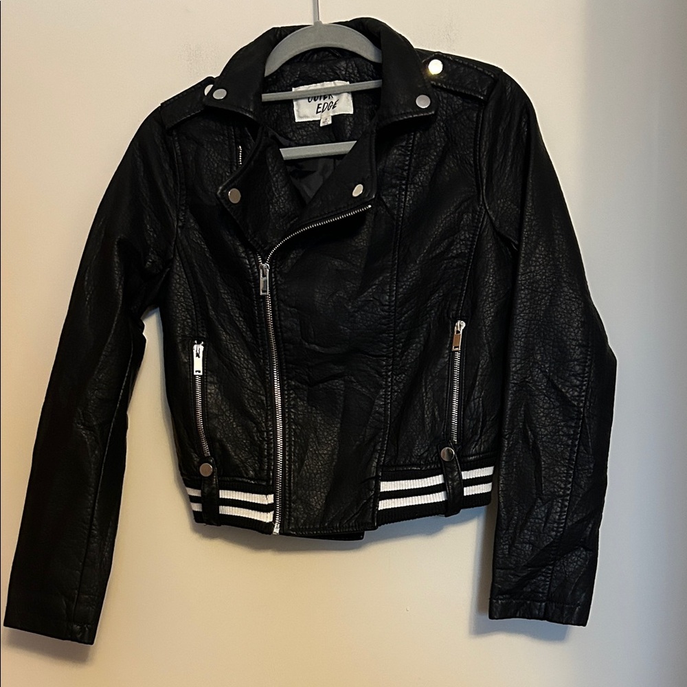 Outer Edge black polyurethane jacket silver zip/button trim VG condition size S